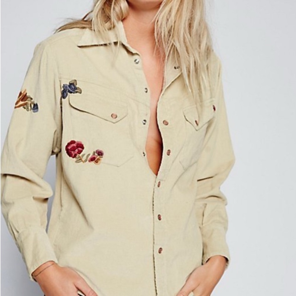 Free People Beige Button Down Shirt with Floral Embroidery